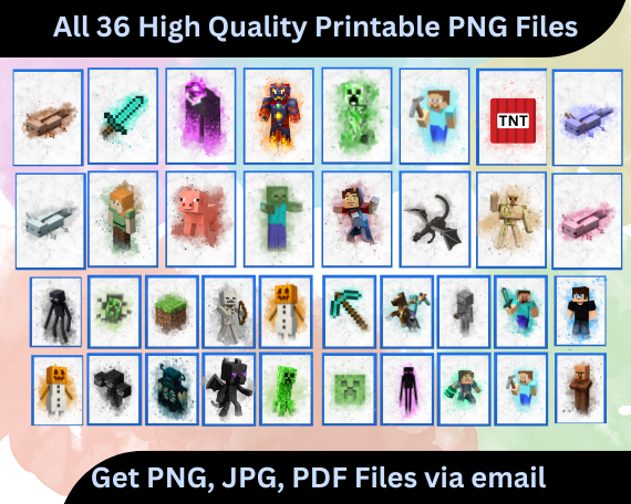 Hand-painted 36 watercolor gaming characters for kids’ room wall décor in Canada