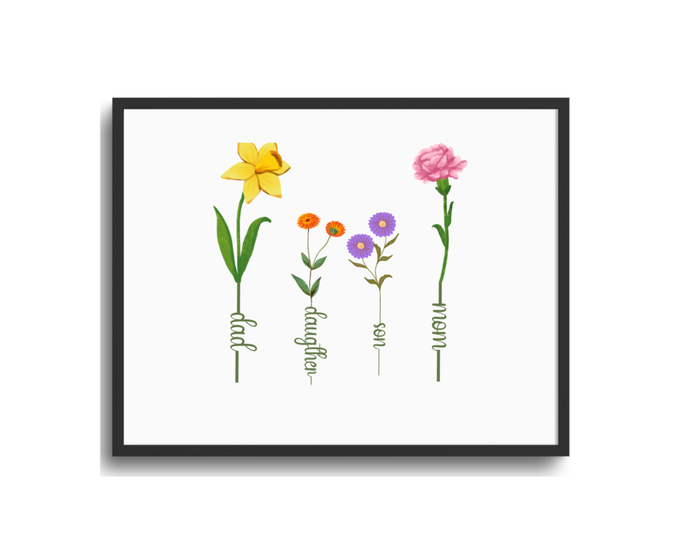 Personalized birth flower family print digital download Canada